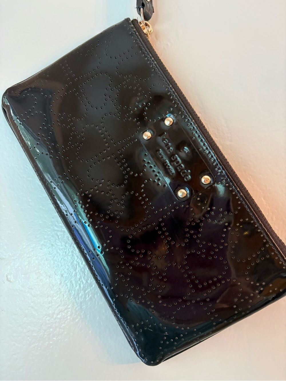 kate spade Black Patent Wristlet Clutch with Stud Detail 9x5”
